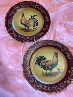 ROOSTER DECORATIVE WALL PLATES - Burgundy and Cream